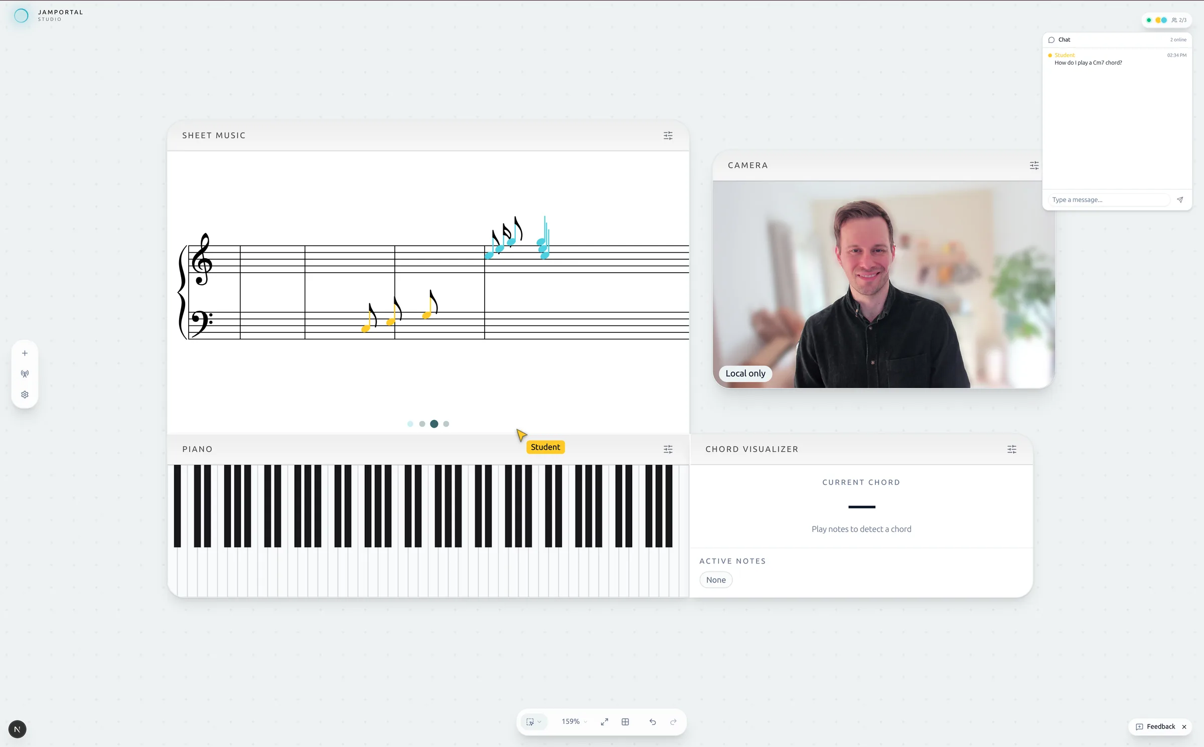 Jamportal studio interface showing piano, sheet music, and note stream widgets